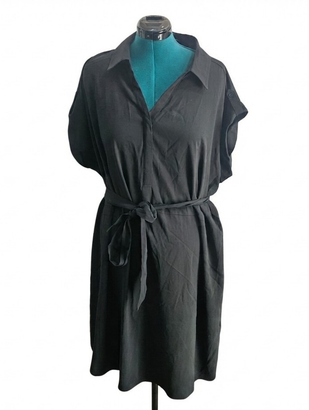 NWT Lane Bryant Black Button Up Midi Shirt Dress Tie Waist Roll Tab Sleeve 26/28